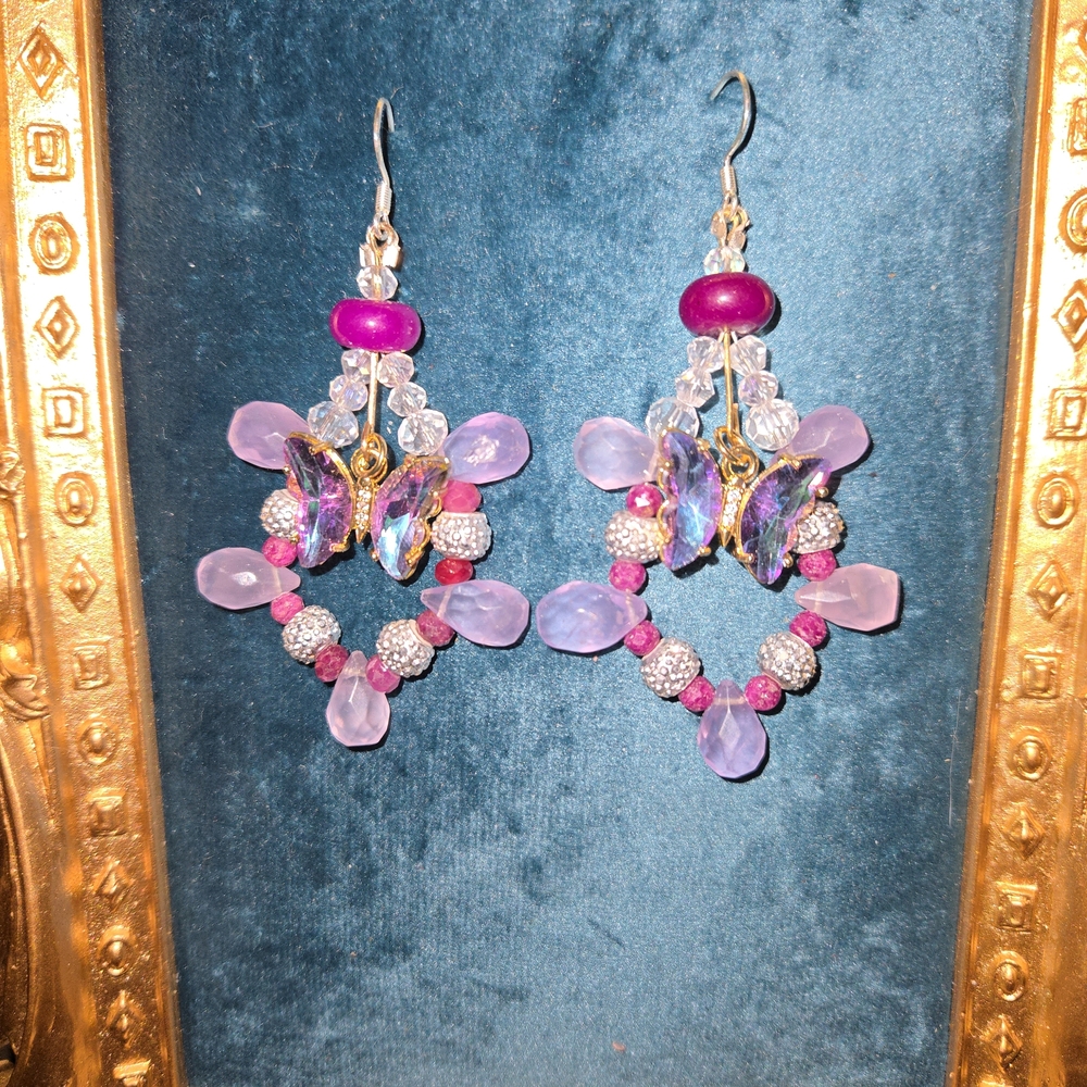 **SOLD ARTISAN Elegant Ruby, Rose De France, Purple Spinel Butterfly Earrings - Picture 4 of 6